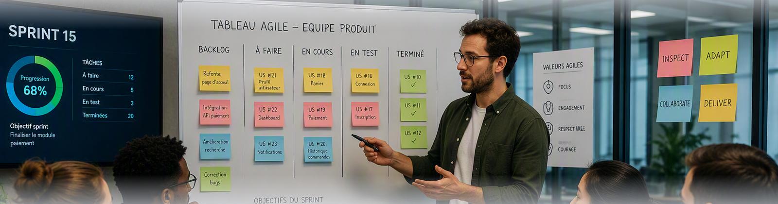 Point d'équipe agile devant un tableau de sprint