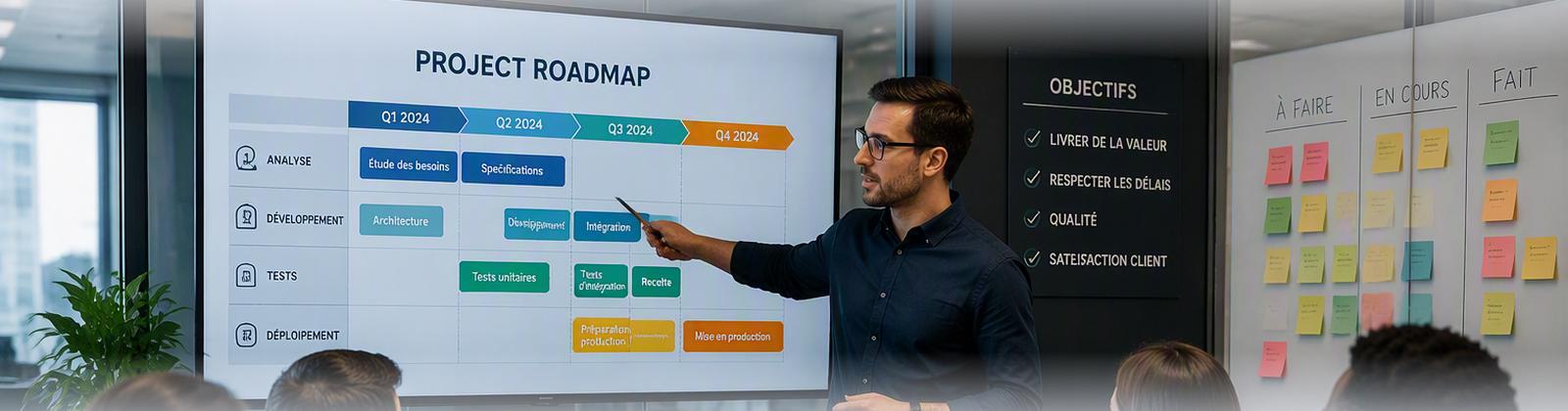 Présentation d'une roadmap projet devant une équipe (analyse, développement, tests, déploiement)